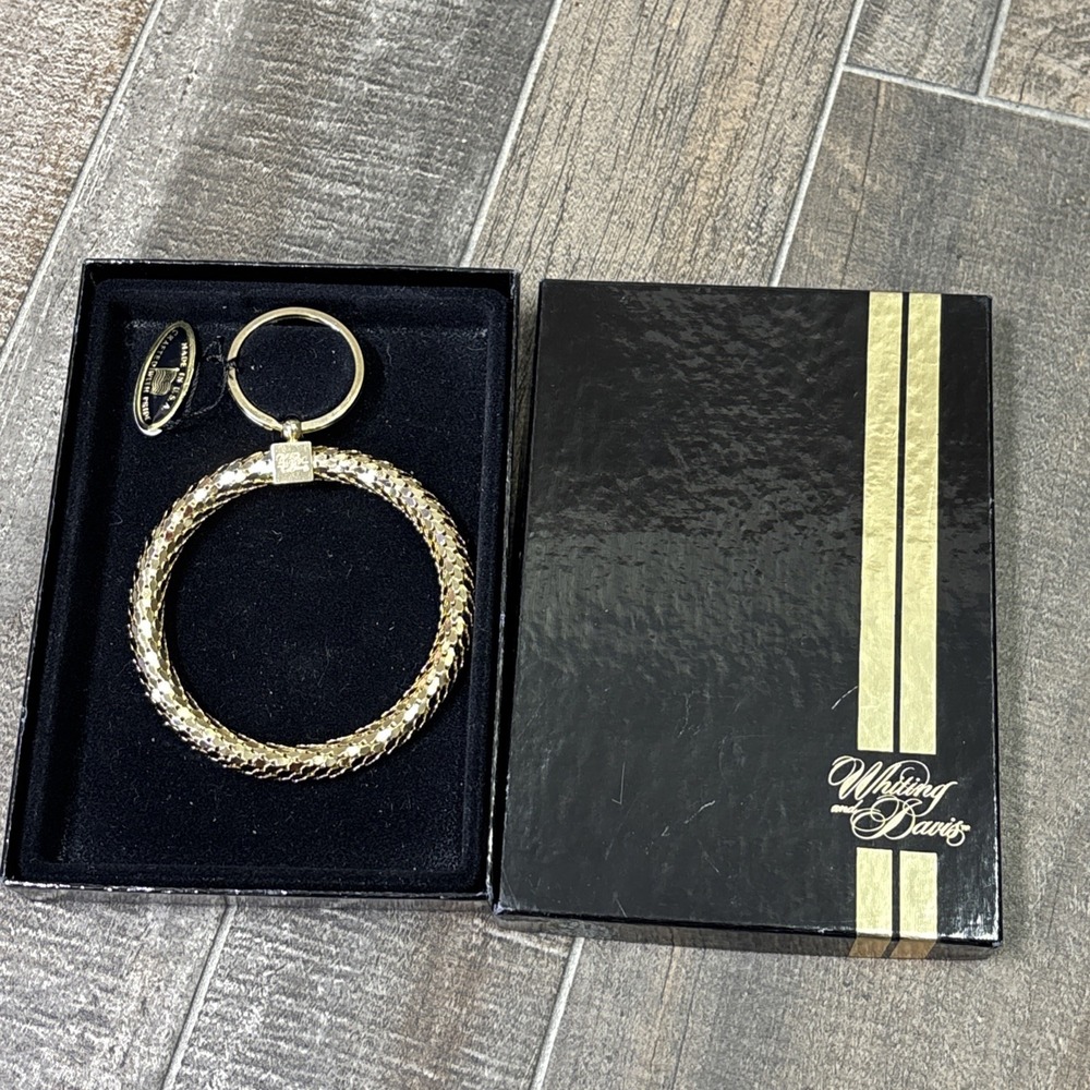 Vintage Whiting & Davis Mesh Keychain Gold Bracelet Key Ring Mail Fishscale